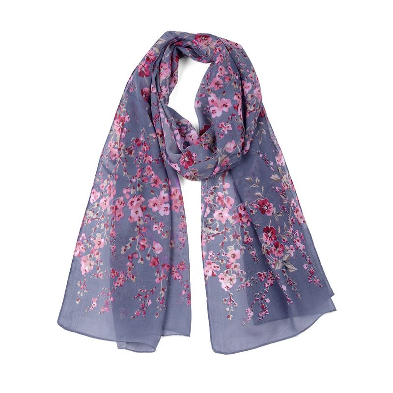 Long Chiffon Shawls Beach Scarf Silk Scarves Floral Print Scarves Denim Blue